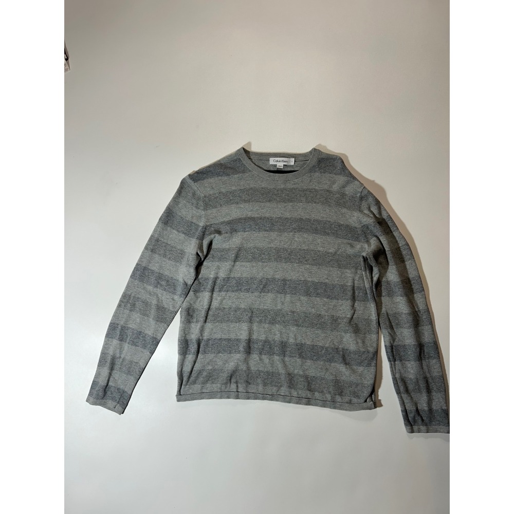 Calvin Klein Sweater Mens Small Gray Excellent Striped Crew Neck Cotton Knit
